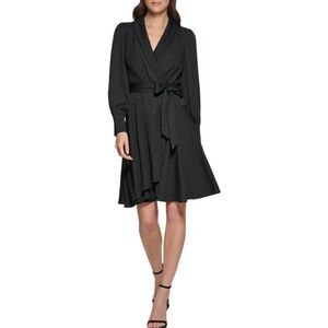 DKNY Black Long Sleeve Crepe Satin Faux-Wrap Dress